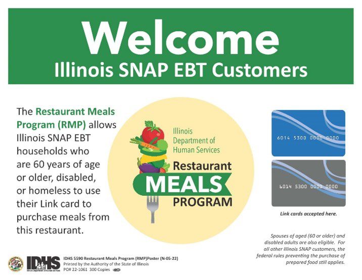 An example of the poster that participating restaurants will display, with the words "Welcome Illinois SNAP EBT Customers".